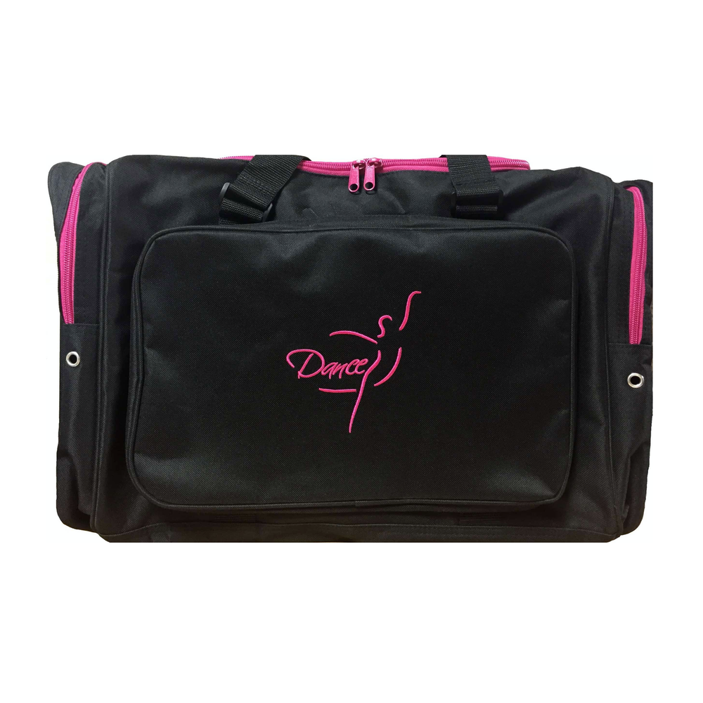 A black duffel bag with pink zippers and a pink embroidered dancer and text dance on the front against a white background