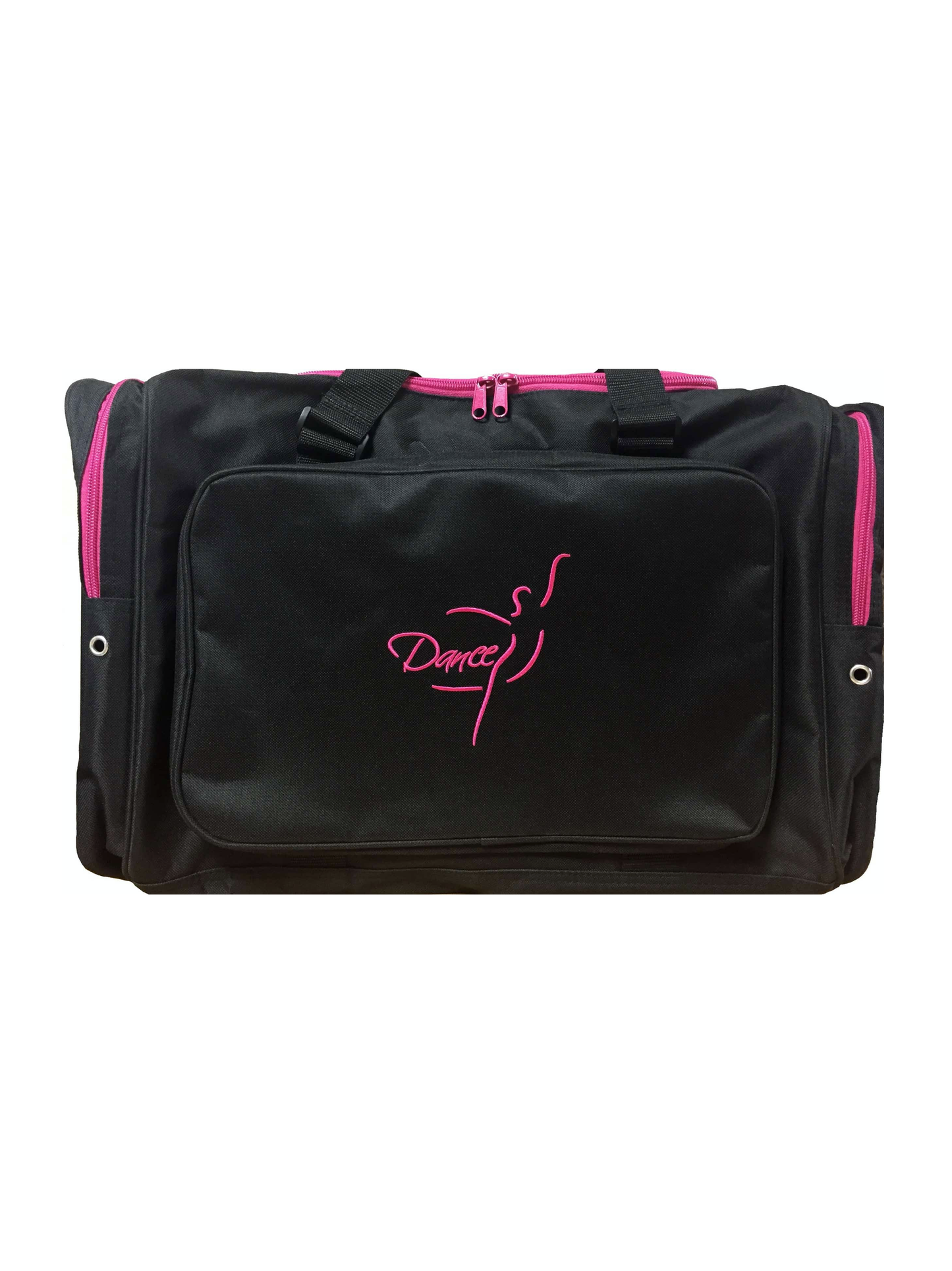 A black duffel bag with pink zippers and a pink embroidered dancer and text dance on the front against a white background