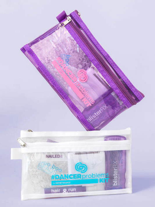 Two small pouches with visible branding on a light purple background