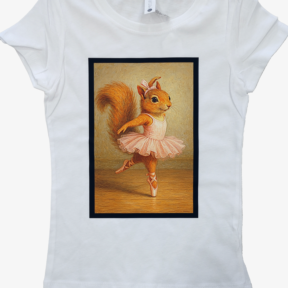 White t-shirt with a printed design of a squirrel in a ballet outfit on a white background