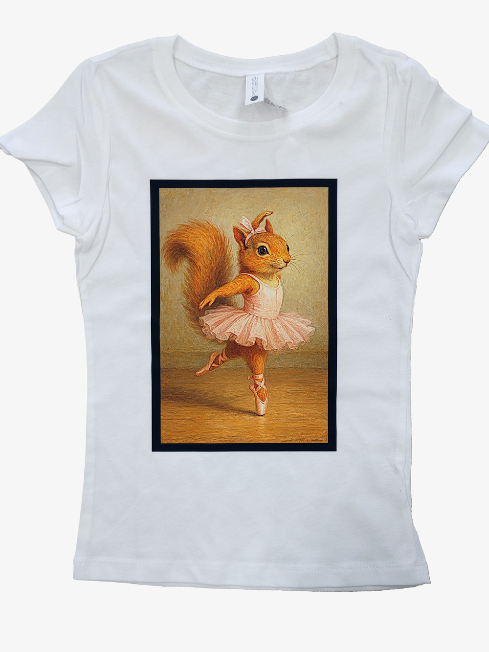 White t-shirt with a printed design of a squirrel in a ballet outfit on a white background