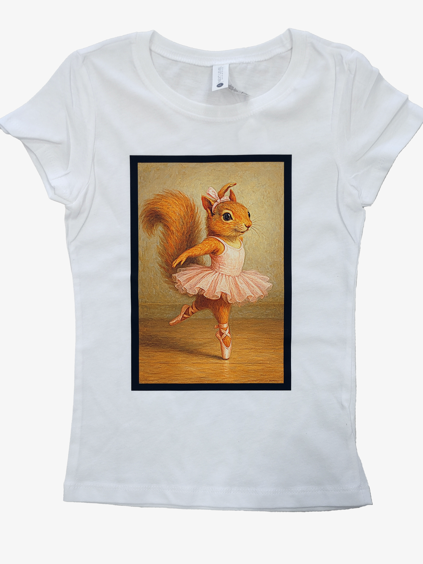 White t-shirt with a printed design of a squirrel in a ballet outfit on a white background