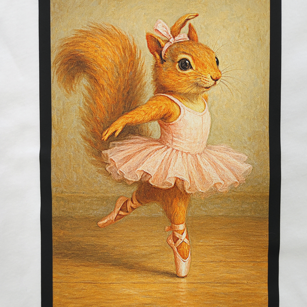 Close-up print of a squirrel en pointe in a leotard and tutu 