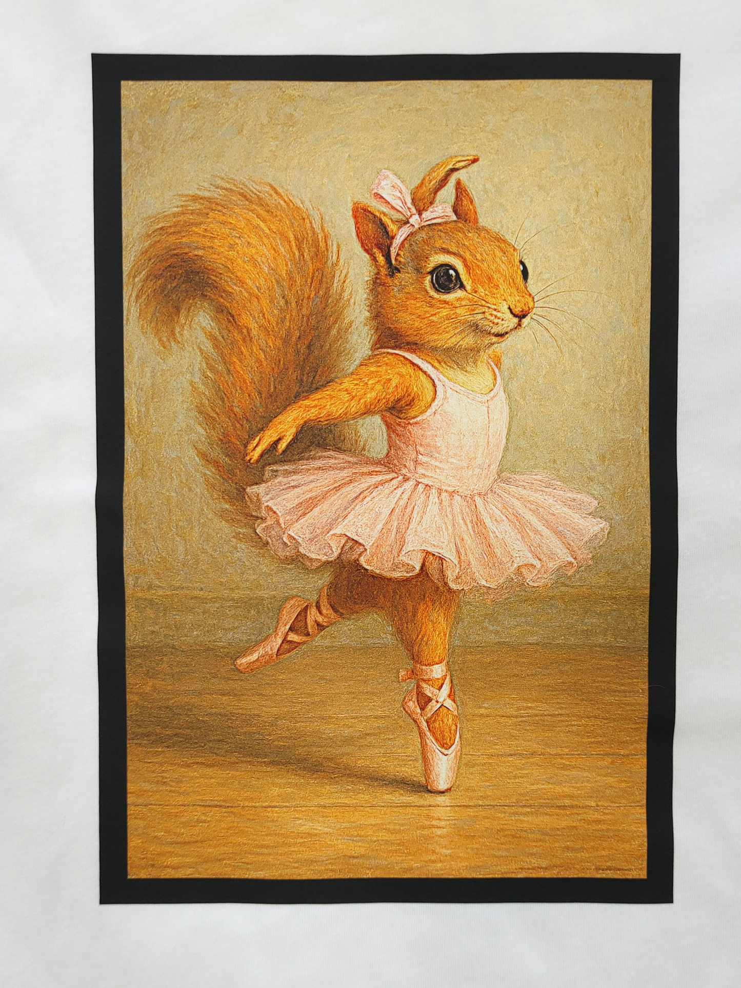 Close-up print of a squirrel en pointe in a leotard and tutu 