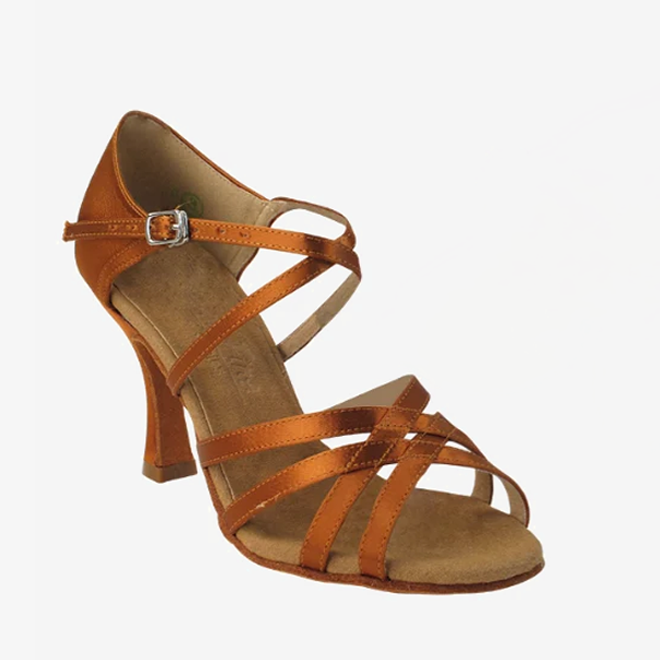 Copper strappy ballroom heel with a flare heel on a white background