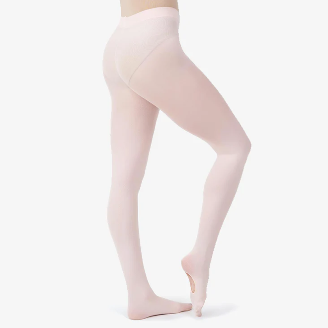 Ballet pink tights worn by a female on a white background