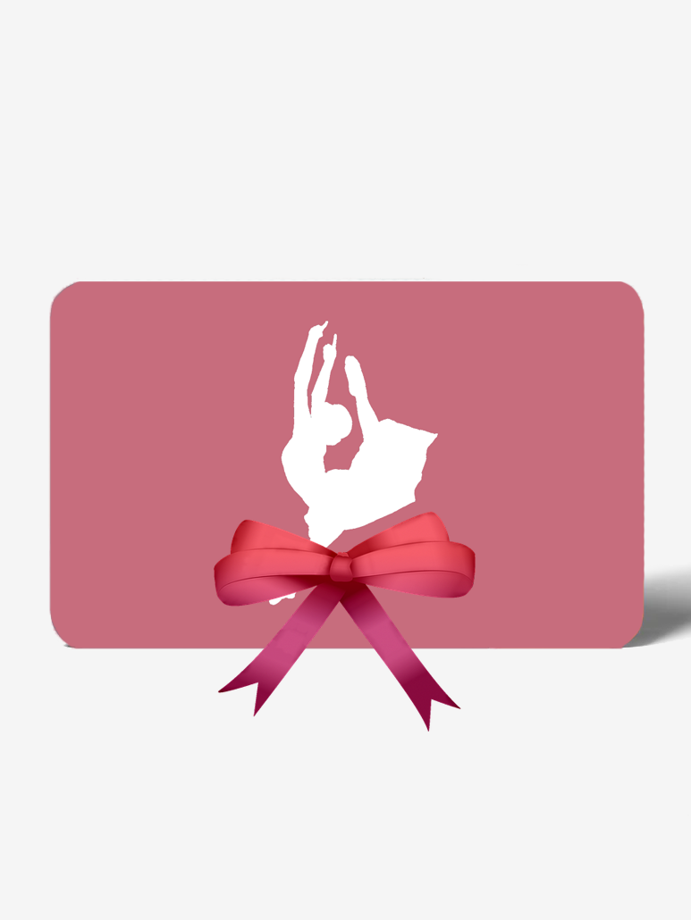 A photo of a pink card with a white silhouette of a dancer leaping high, back leg behind her above her head and fingers pointed in the air with a ribbon on the front of the card.