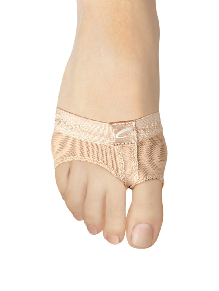 Close-up of a person's foot wearing FootUndeez with Capezio logo visible, toes out