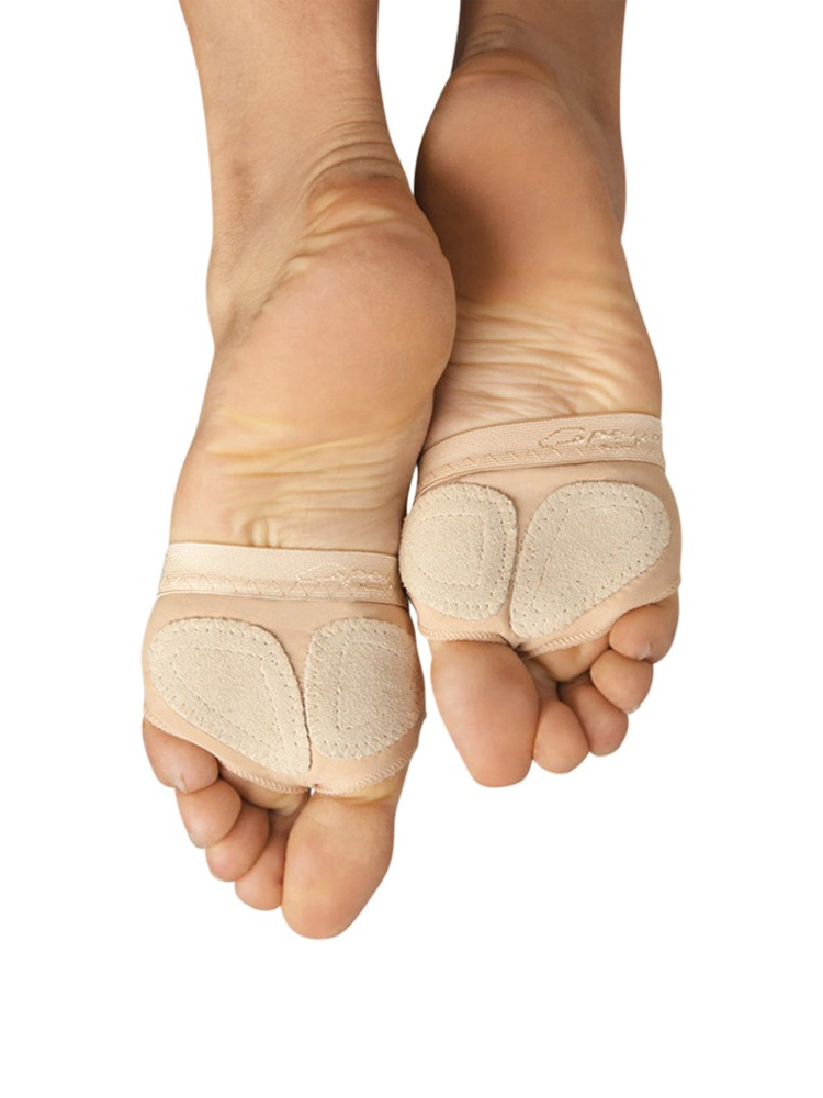 
                      
                        Close-up of the bottom of a person's feet showcasing the suede turn pads on the bottom of footundeez
                      
                    