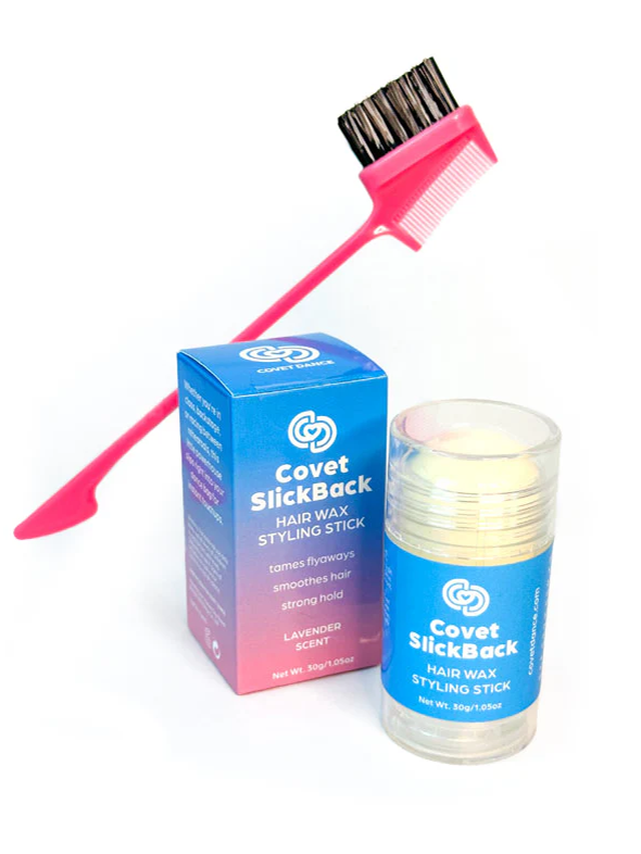 Covet SlickBack hair wax styling stick with pink comb and blue packaging on a white background