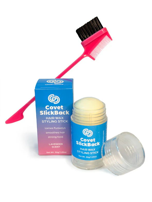Covet Slick Back hair wax stick with applicator and packaging on a white background