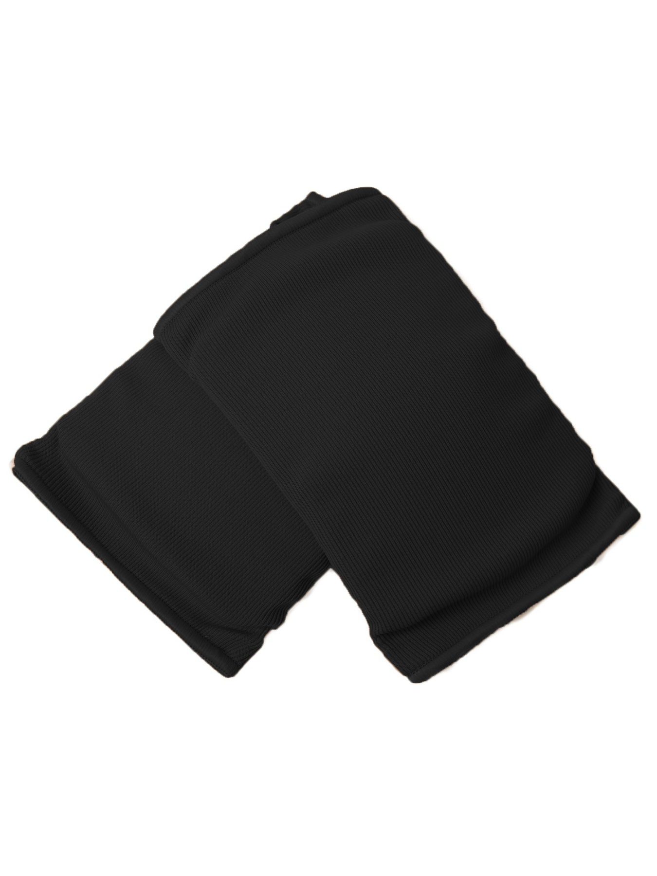 A pair of black colored, stretchy material kneepads against a white background.