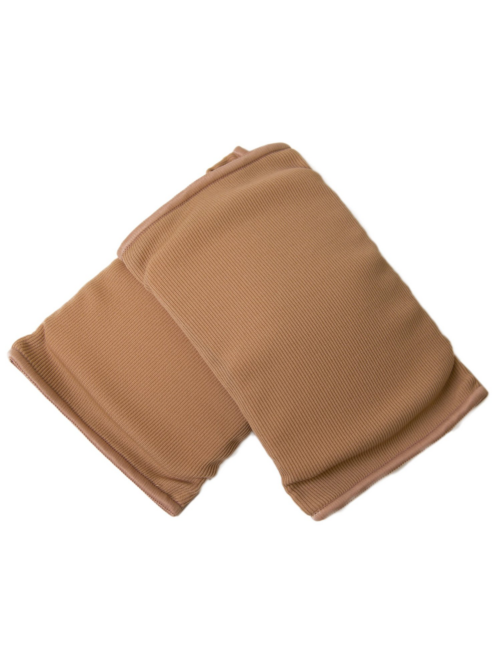 A pair of nude colored, stretchy material kneepads against a white background.