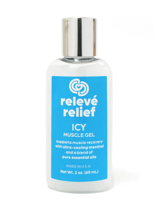 A single bottle of Covet Dance Releve Relief Icy Muscle Gel with a blue label and silver top, against a plain background.