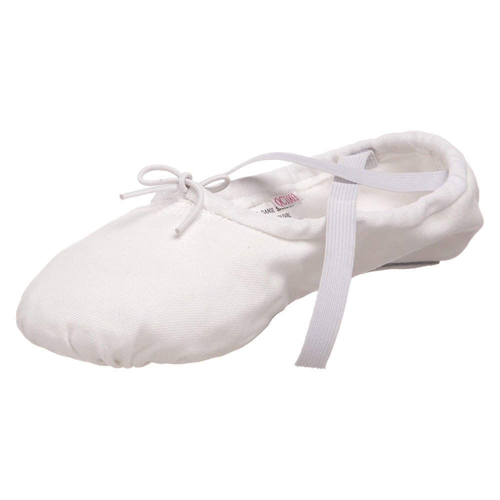 A single white canvas ballet shoe with drawstring and matching elastic attached at the heel and unattached at the front, against a plain white background.