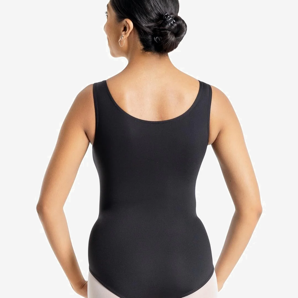 
                      
                        Female with hair in a bun showcasing the back of a black leotard against a white background
                      
                    