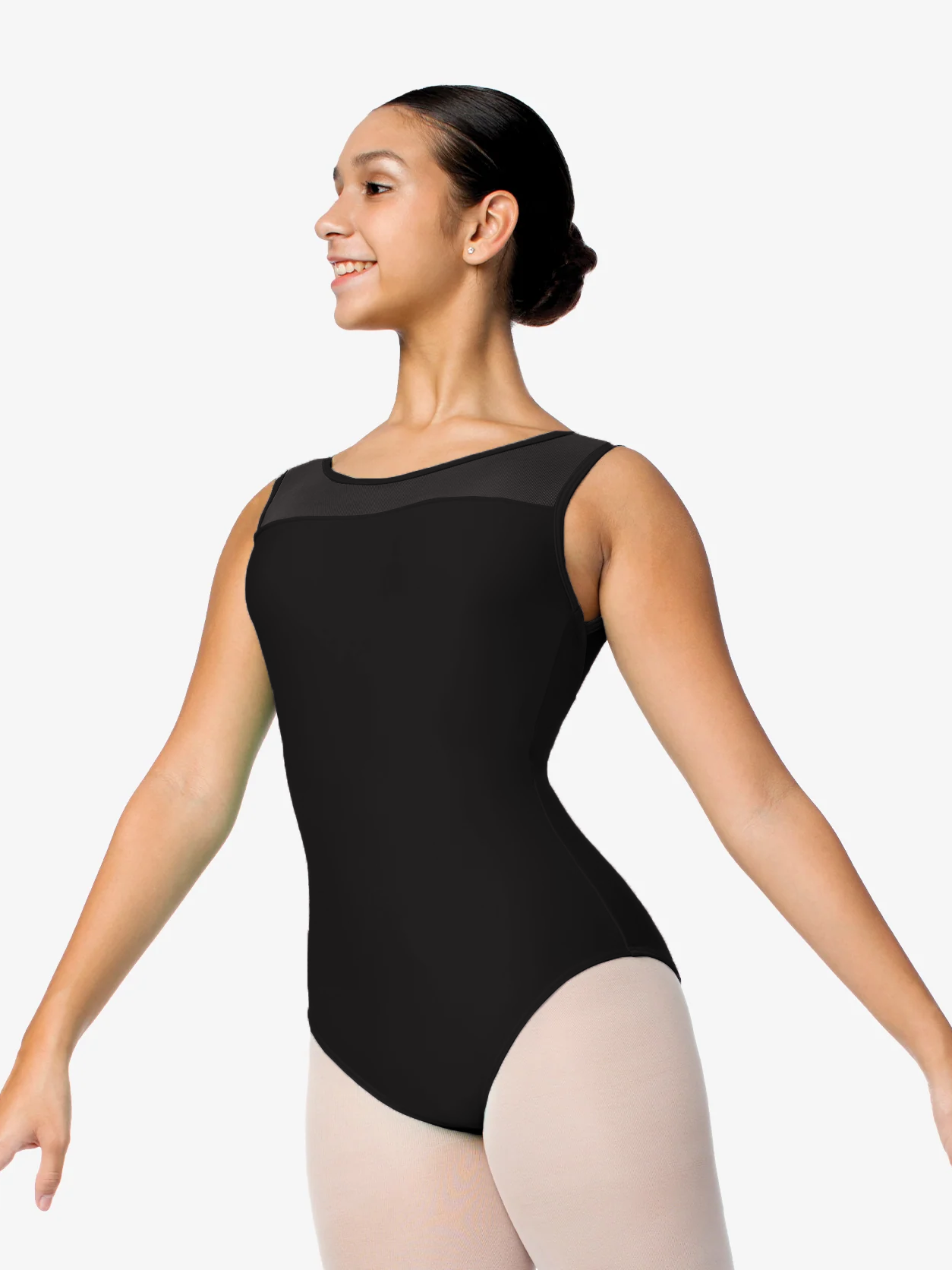Woman wearing a black leotard on a white background