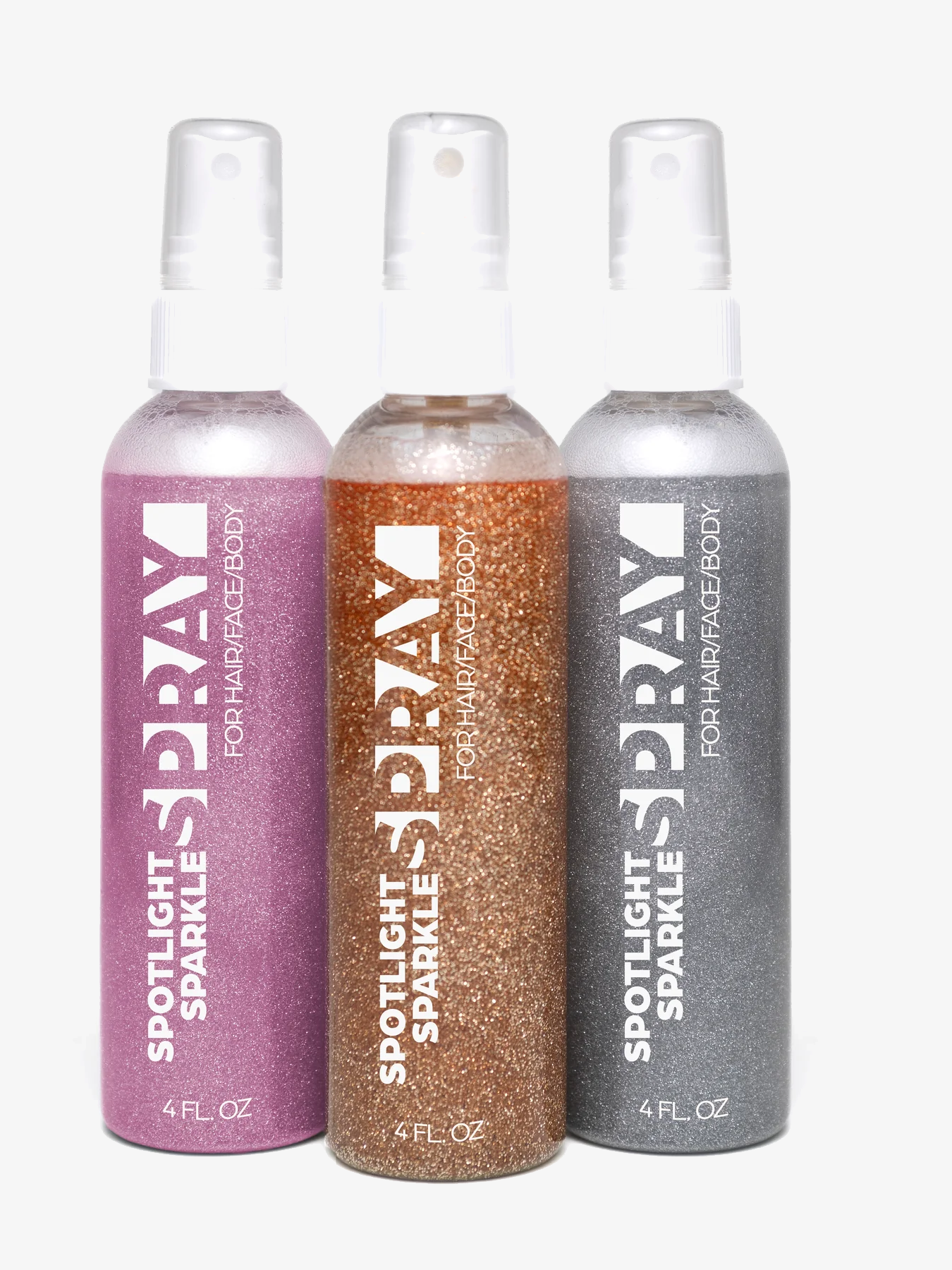 Three glitter spray bottles labeled 'Spotlight Sparkle SPRAY' with different color finishes on a white background.