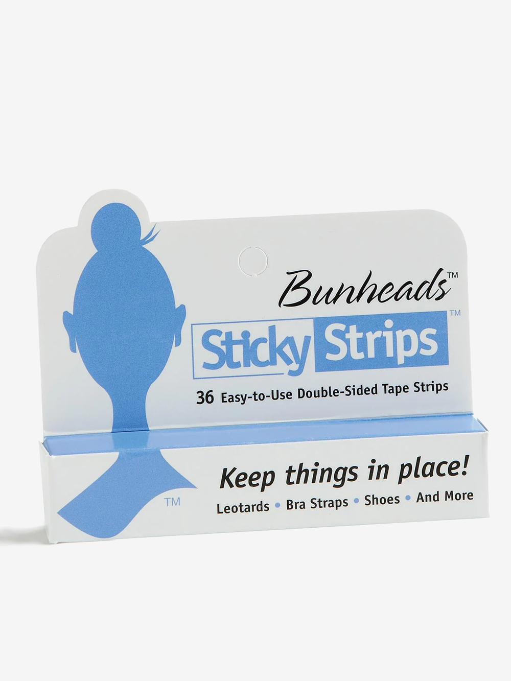 A single white box of Bunheads Sticky Strips featuring a blue silhouette of a dancer's head, hair in a bun, it reads KEEP THINGS IN PLACE! Plain background.