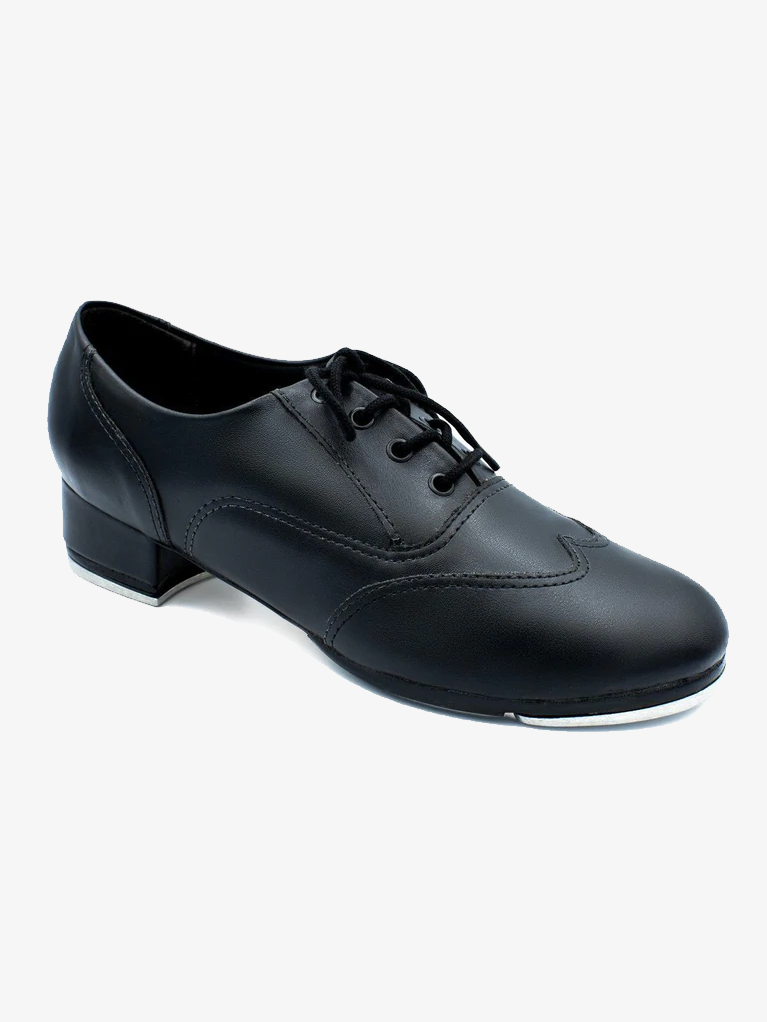 Single lace-up, black tap shoe with oxford stitching