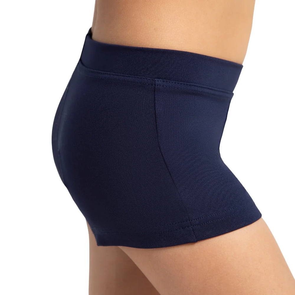 
                      
                        A close-up of the side of a child's torso wearing a pair of navy dance shorts.
                      
                    