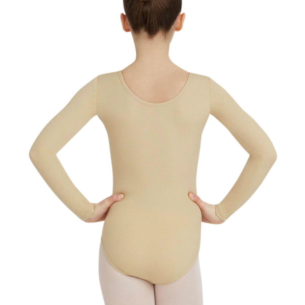 
                      
                        The back of a young dancer with her hair pulled into a ballet bun, stands with her hands on her hips, wearing a long sleeve, nude leotard and ballet pink tights.
                      
                    