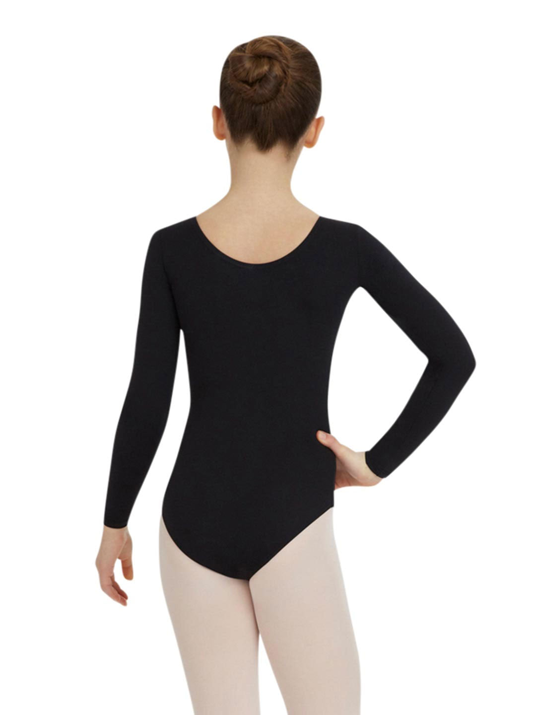 The back of a young dancer with hair in a ballet bun stands with one hand on her hip, wearing a scoop neck back, long sleeve, black leotard, and ballet pink tights.